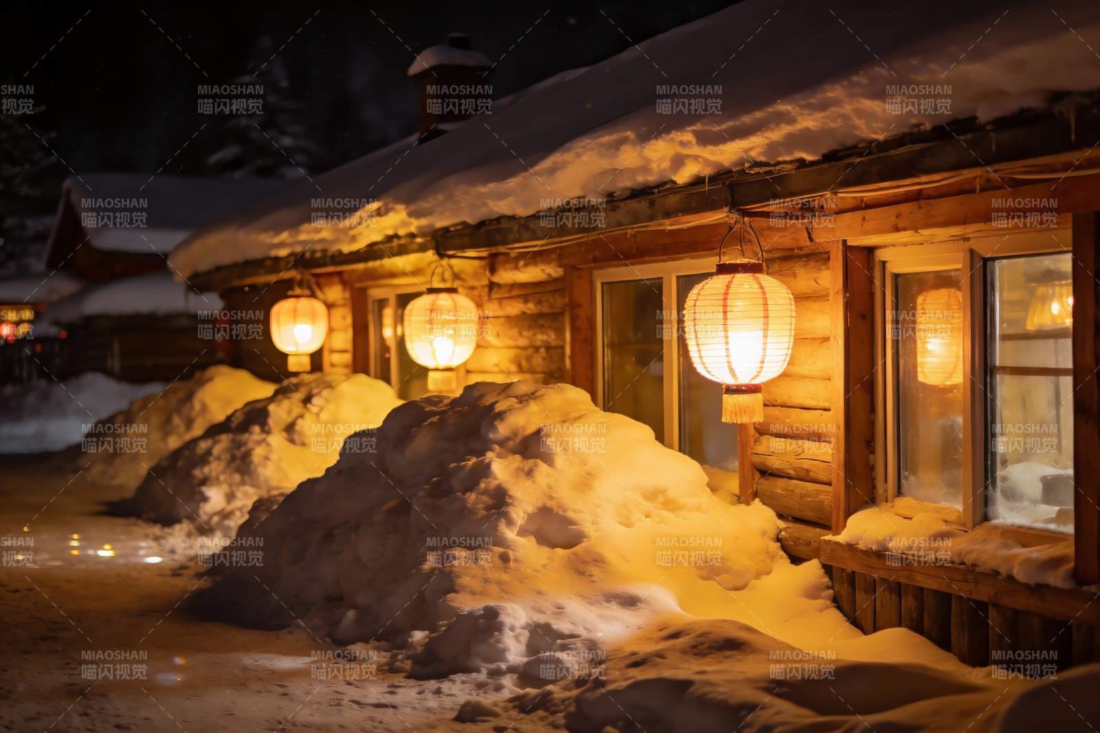 雪夜木屋灯笼暖光图片
