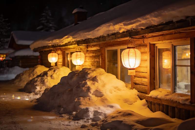 雪夜木屋灯笼暖光图片