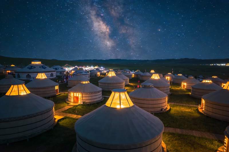 星空下的蒙古包群夜景图片