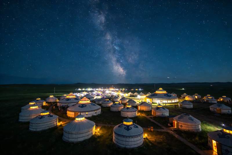 夜幕星空下的蒙古包群落图片