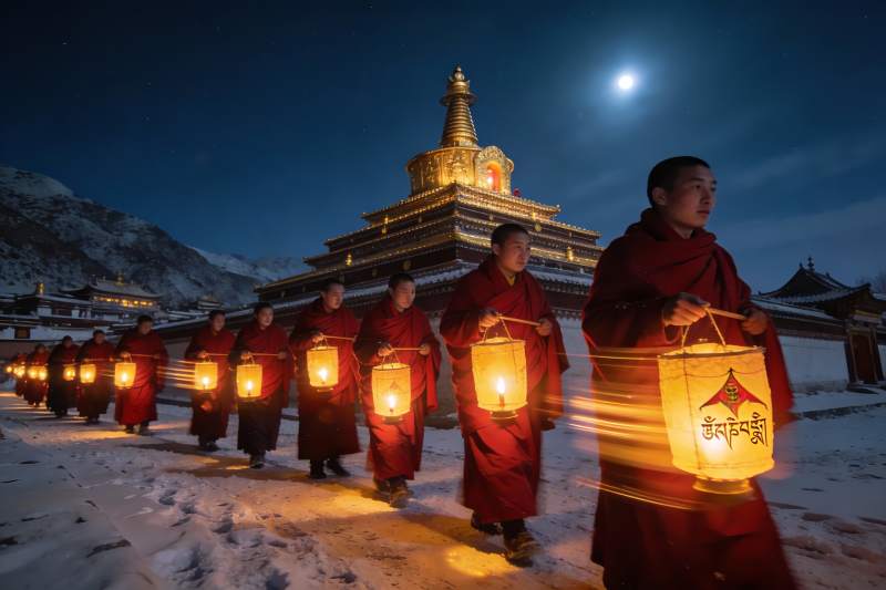僧侣雪夜持灯行进仪式图片