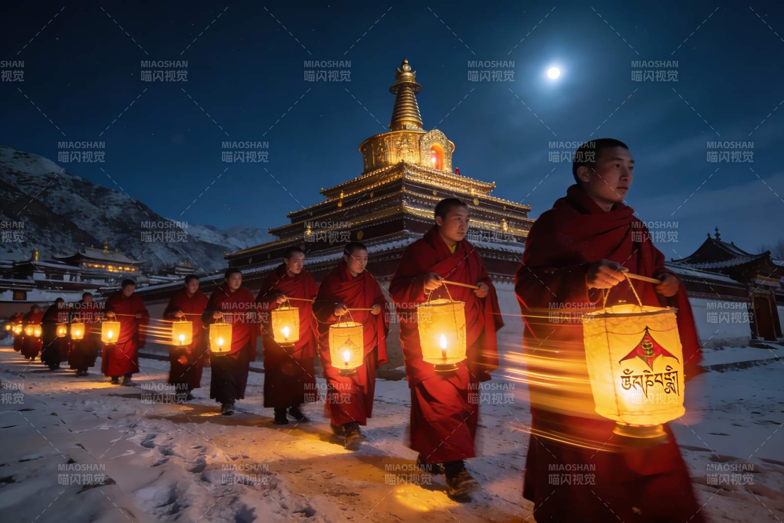 僧侣雪夜持灯行进仪式图片