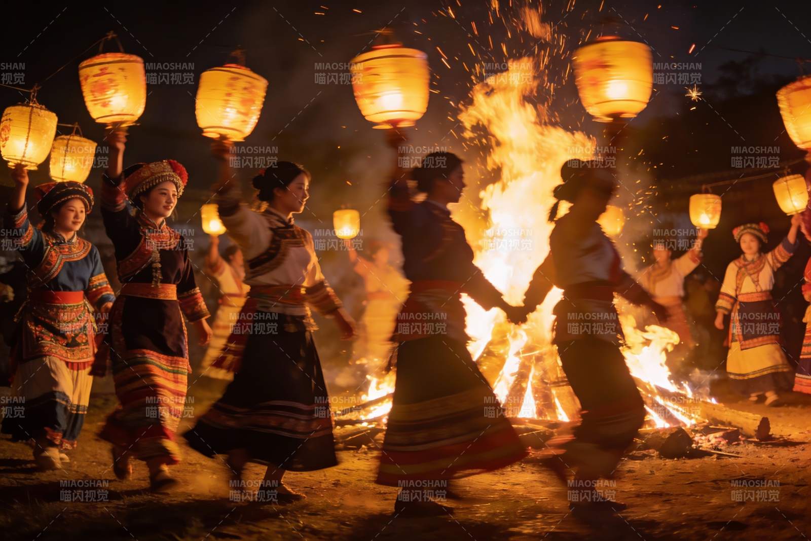 民族女子篝火晚会手持灯笼欢庆图片