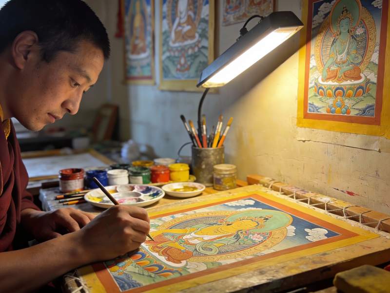 僧人专注绘制唐卡艺术图片
