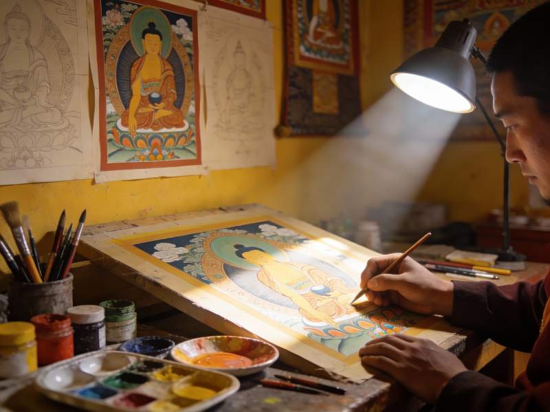 僧侣专注绘制佛像画图片