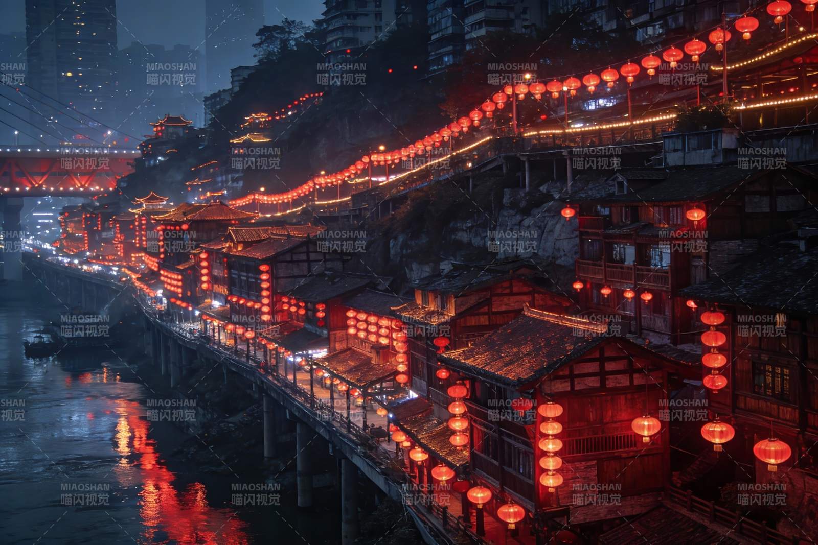 夜色江畔古建筑群灯火辉煌图片