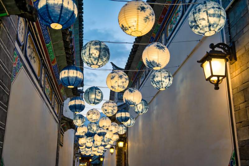 古巷夜景灯笼高挂图片