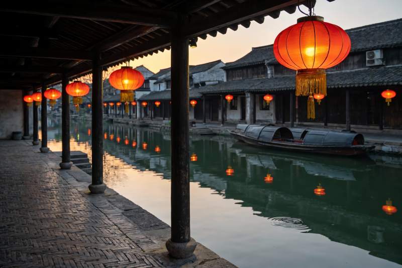 古街水乡夜景灯笼高挂图片