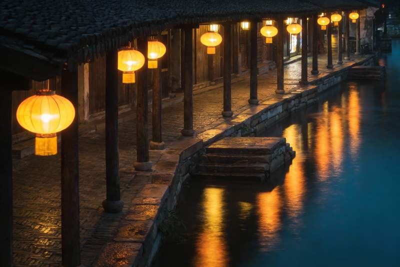 古街水巷夜景灯笼映水图片