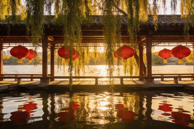 古亭红灯笼映水景图片