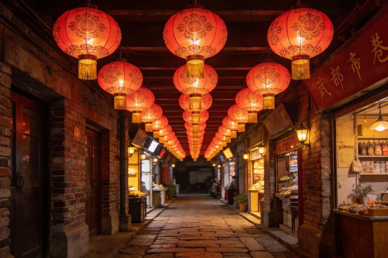 古街夜景红灯笼高挂图片
