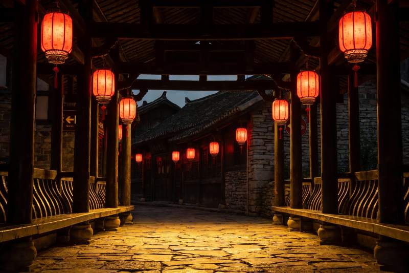 古巷夜景红灯笼高挂图片