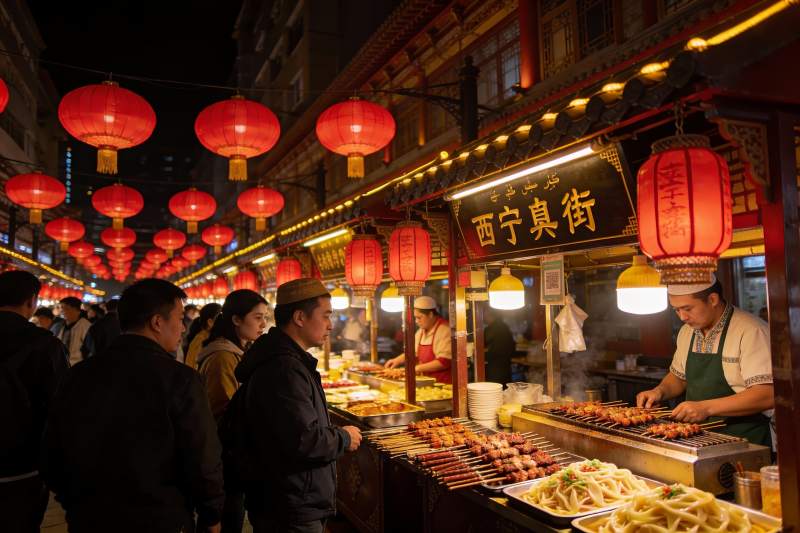 夜市灯火辉煌美食摊位热闹非凡图片