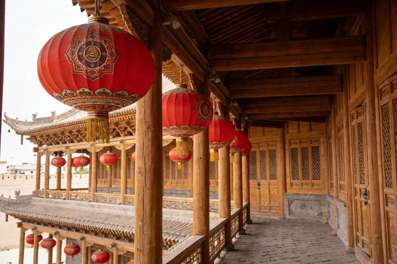 古色古香建筑走廊挂红灯笼图片