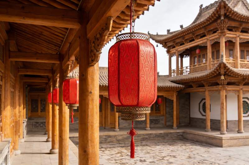 古色古香庭院挂红灯笼图片