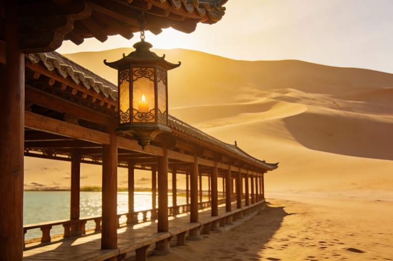 沙漠中的古风长廊与灯影图片