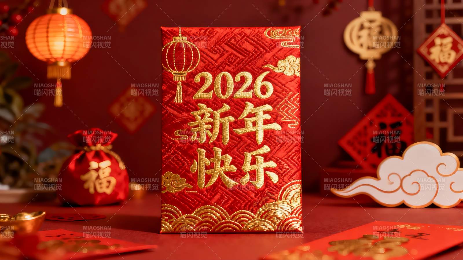 红色新年红包与节日装饰图片