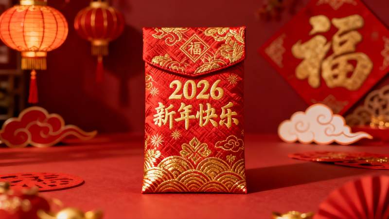 红色新年红包与装饰品图片