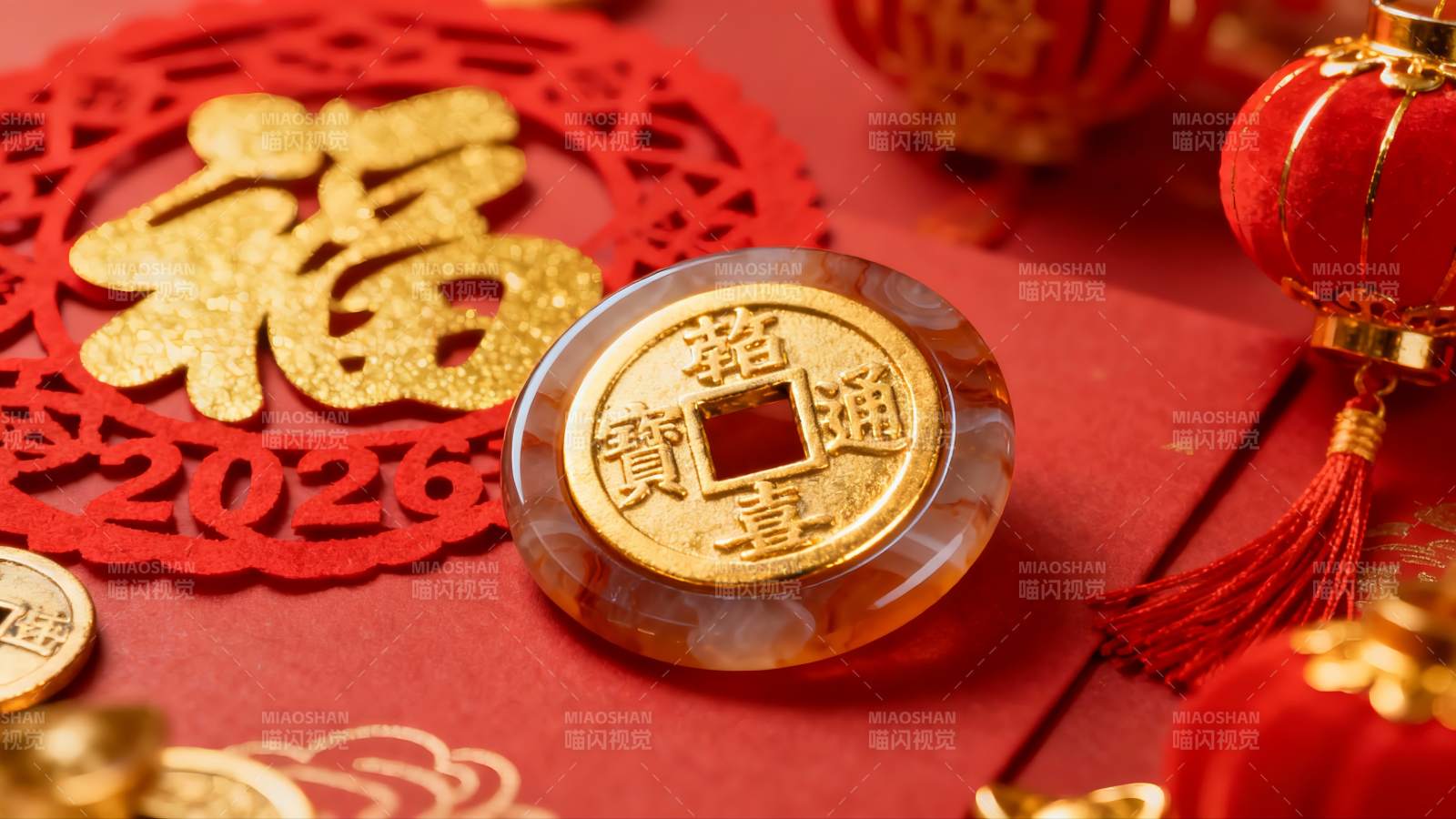 新年福字与古币装饰图片