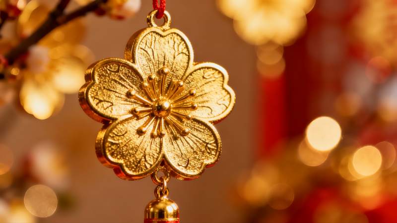 金色花形挂饰特写图片