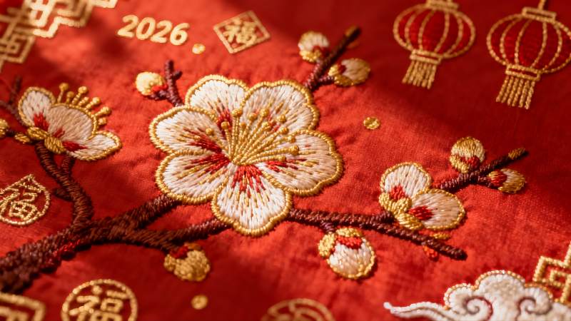 红色布料上的金色刺绣梅花图案图片