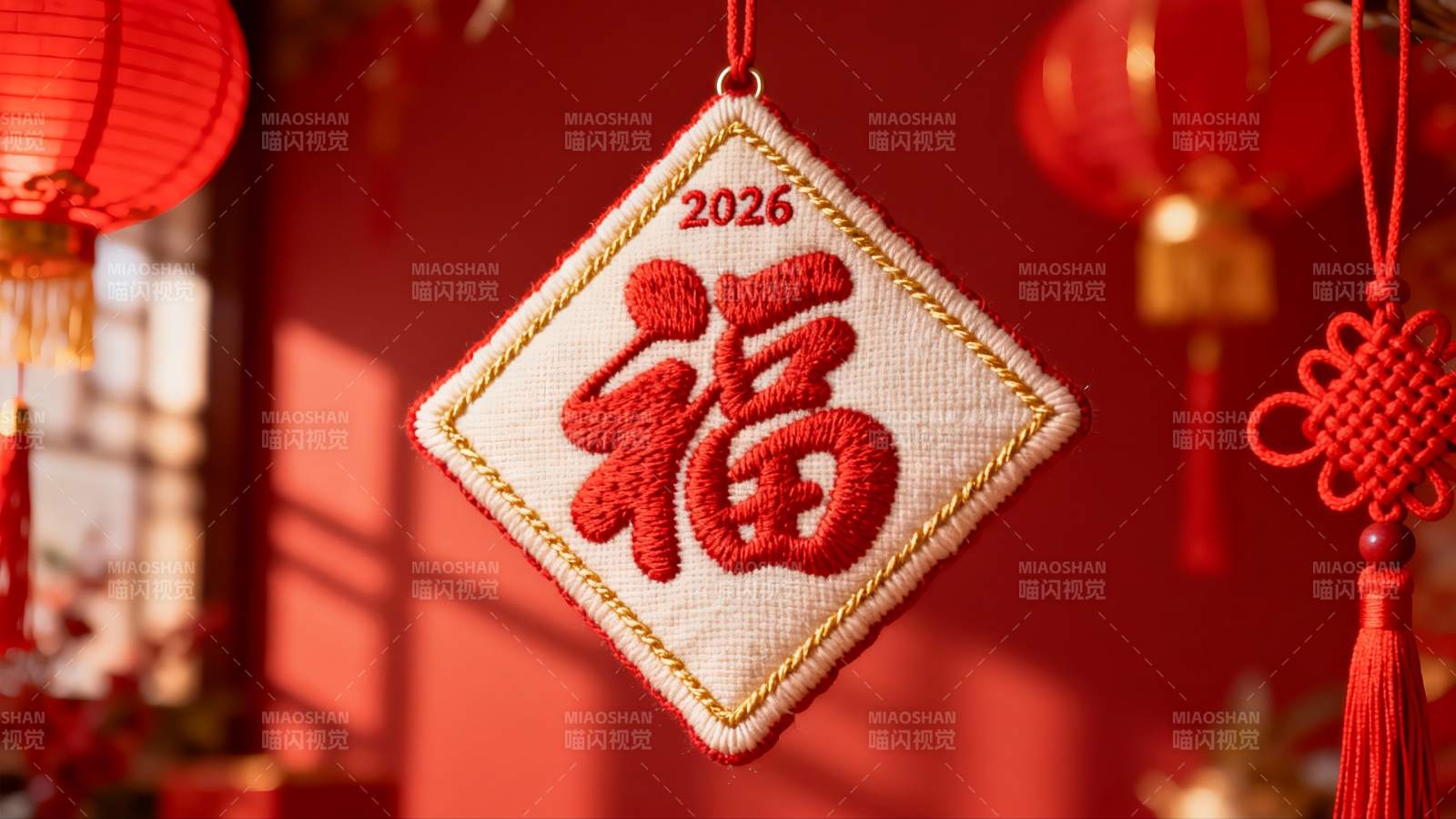 新年福字挂饰与红灯笼图片