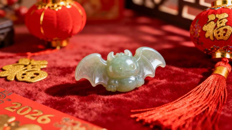 玉雕蝙蝠与红灯笼新年装饰图片