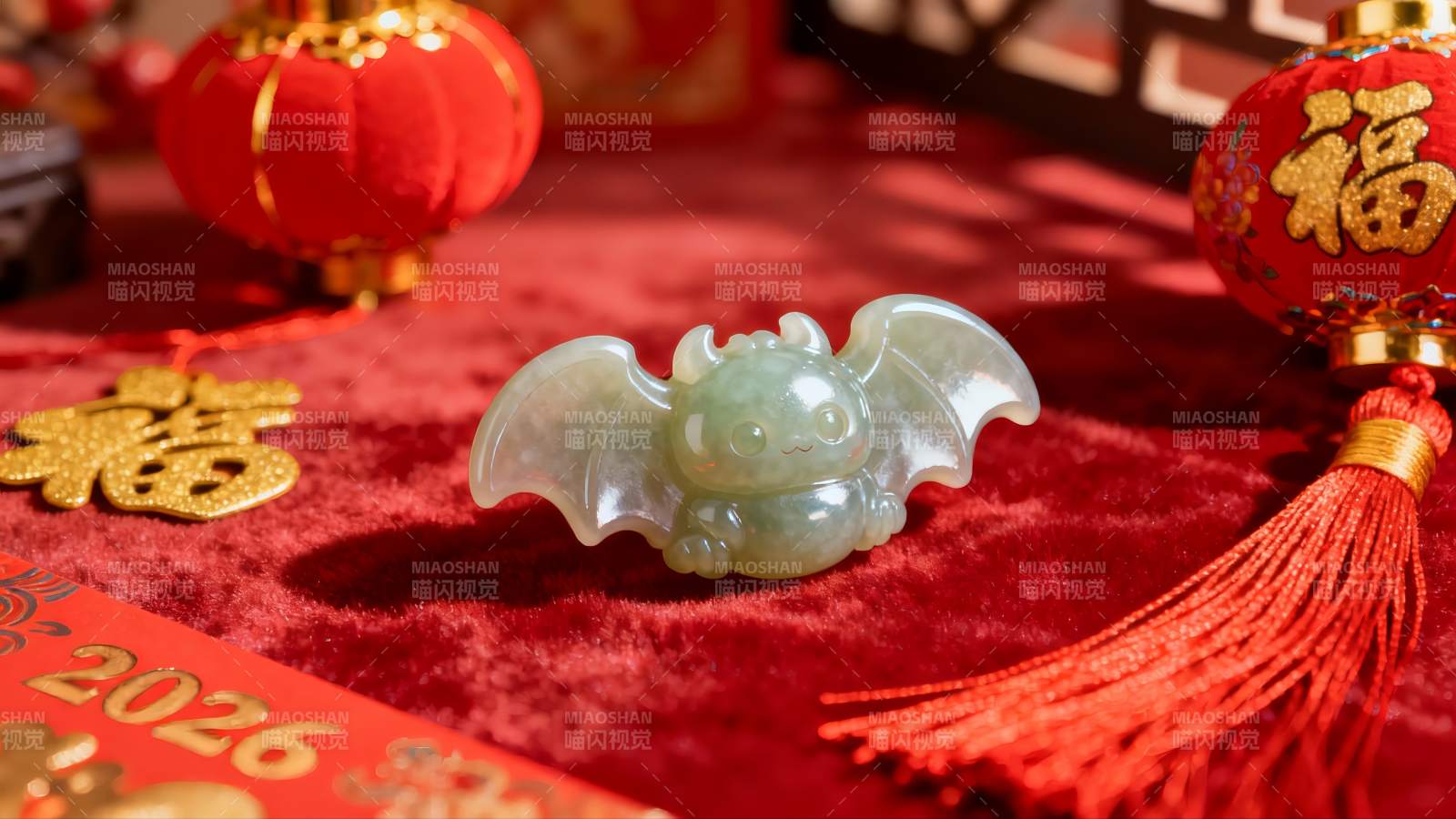玉雕蝙蝠与红灯笼新年装饰图片
