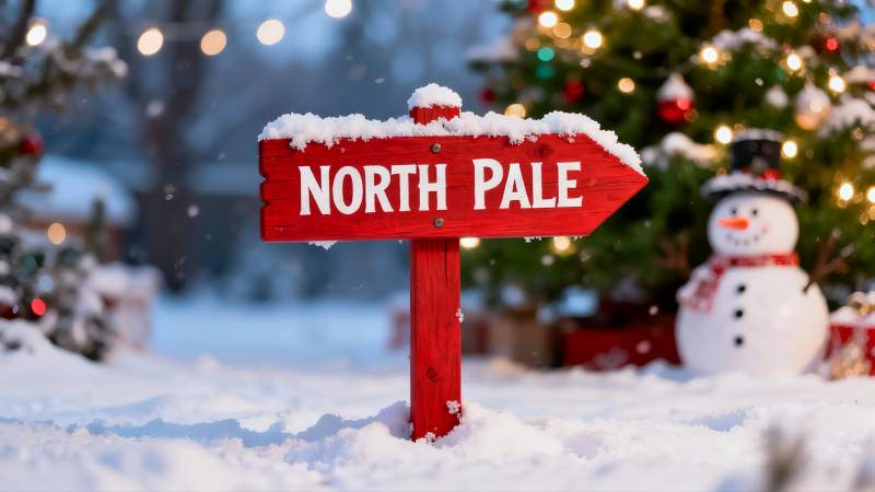 雪地圣诞装饰与北极大路标图片