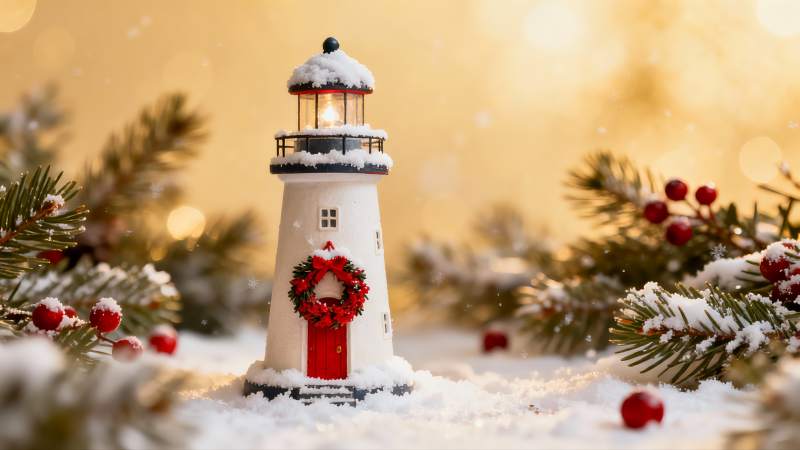 雪中圣诞灯塔与松枝图片