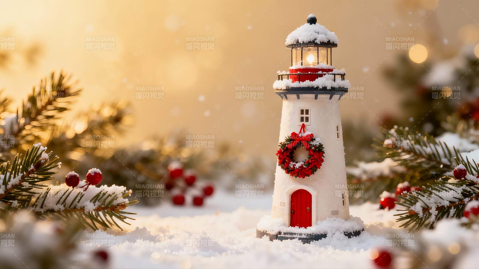 雪景灯塔圣诞装饰图片