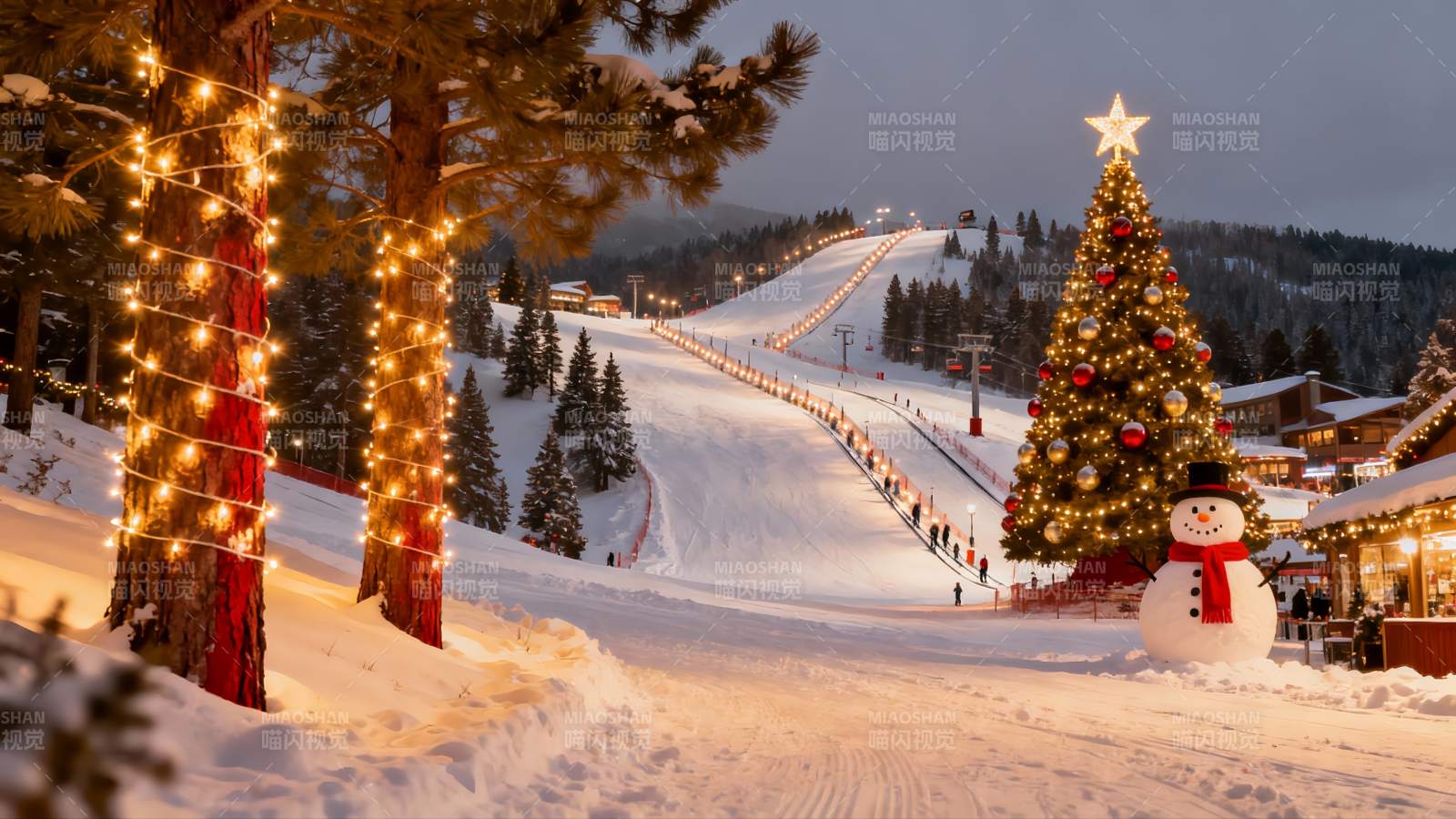 雪地圣诞夜景灯光璀璨图片