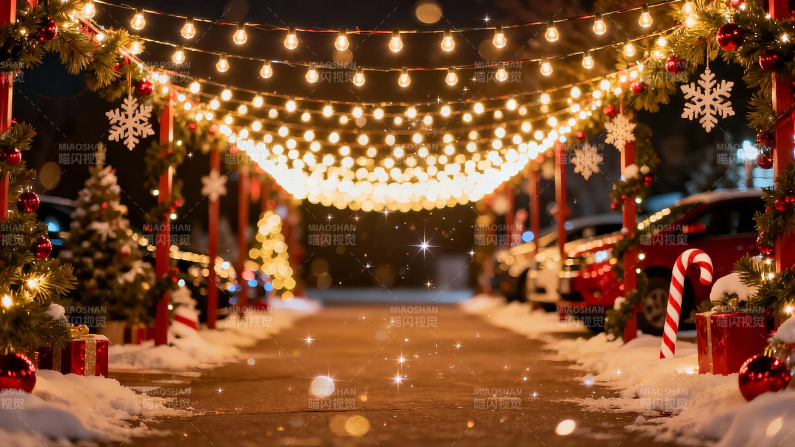 雪夜圣诞灯饰街景图片