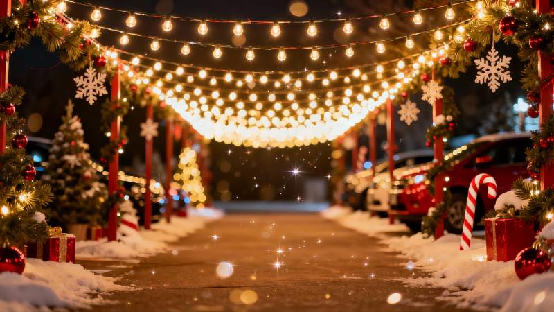 雪夜圣诞灯饰街景图片