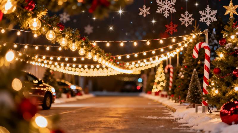 雪夜圣诞街景灯光璀璨图片