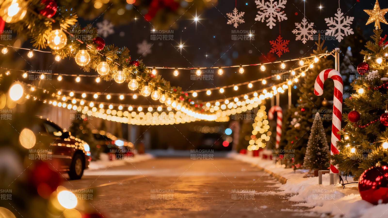 雪夜圣诞街景灯光璀璨图片