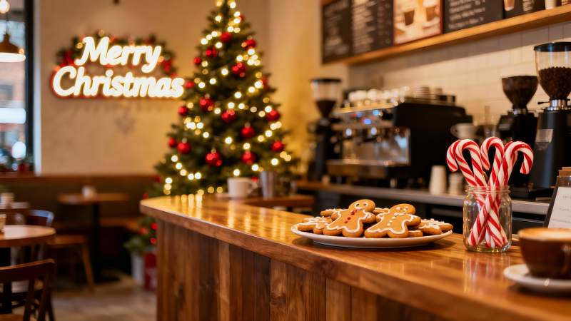 圣诞咖啡店节日装饰与美食图片