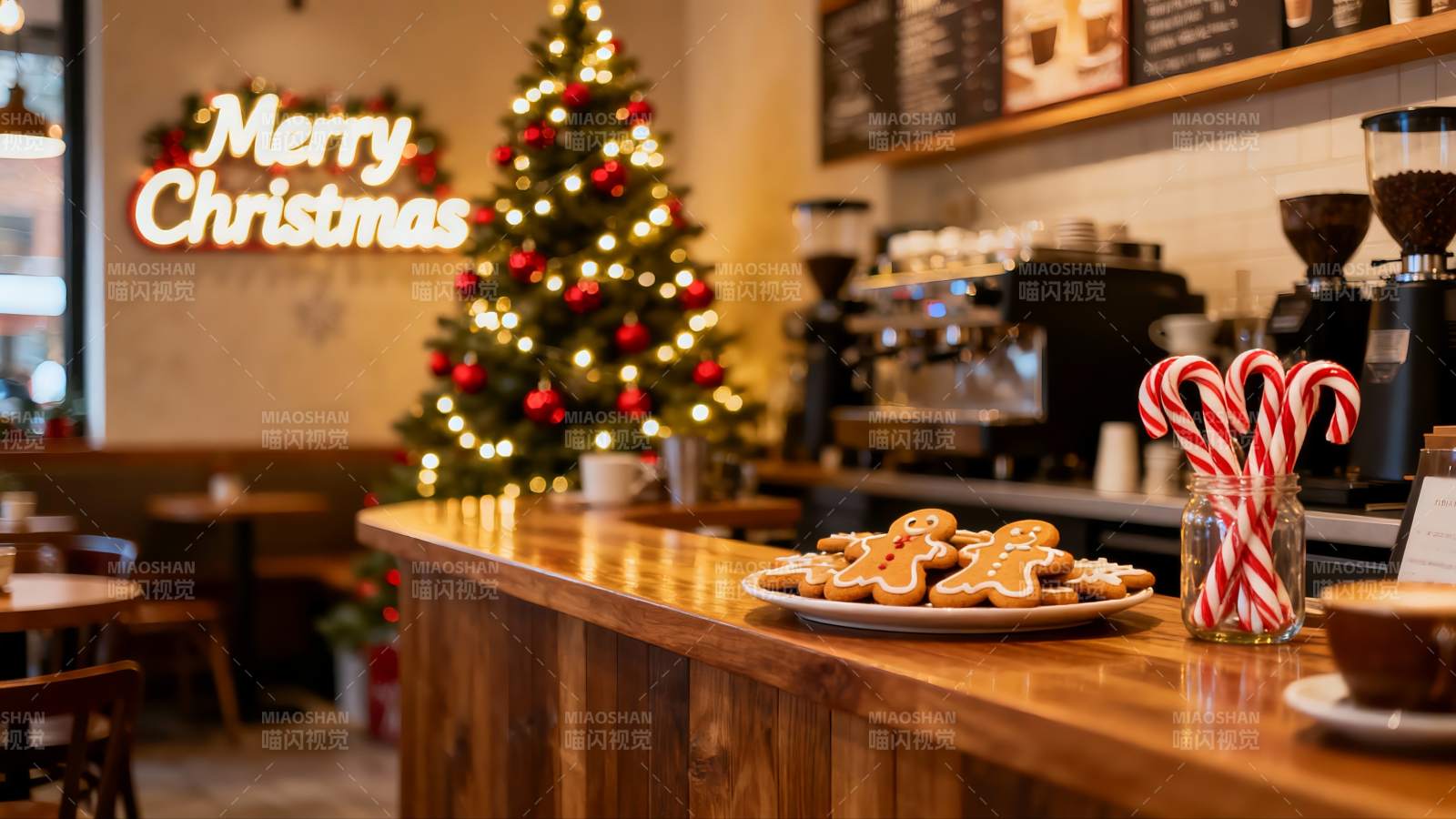 圣诞咖啡店节日装饰与美食图片