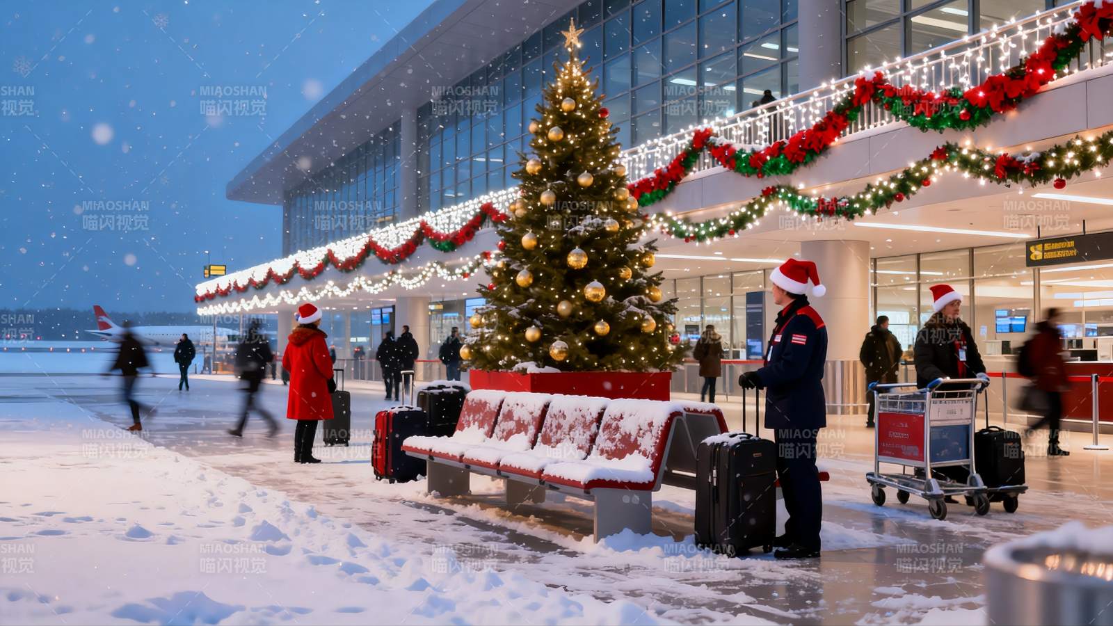 机场雪景圣诞装饰旅客图片