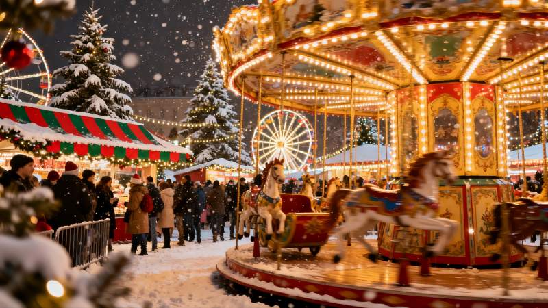 雪夜圣诞集市旋转木马图片