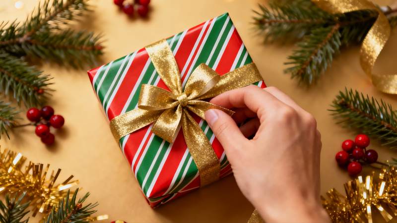 手系圣诞礼物盒丝带图片