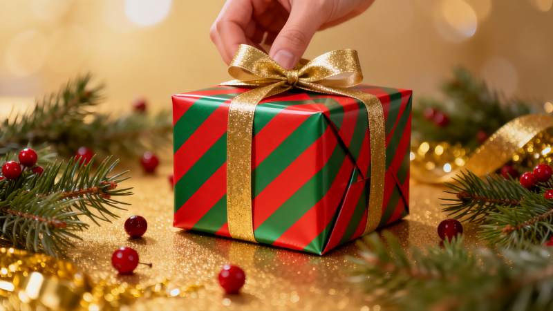 圣诞礼盒手系丝带温馨节日图片