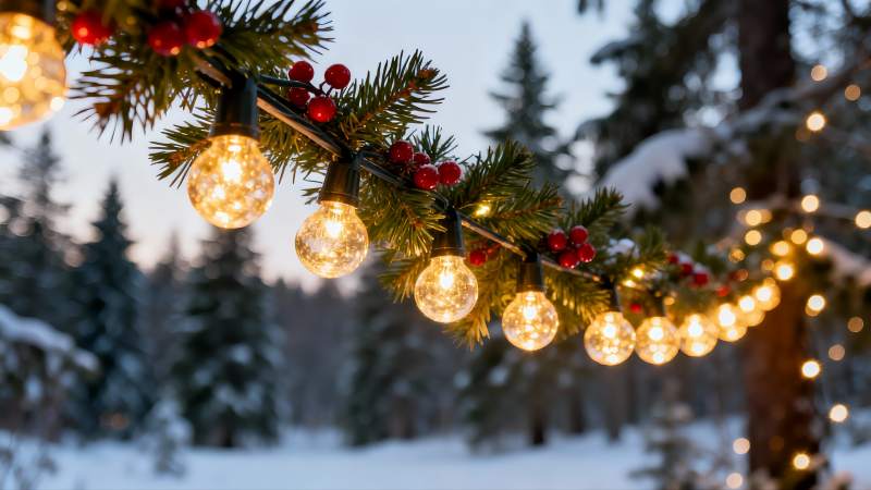 冬日雪景松枝灯饰图片
