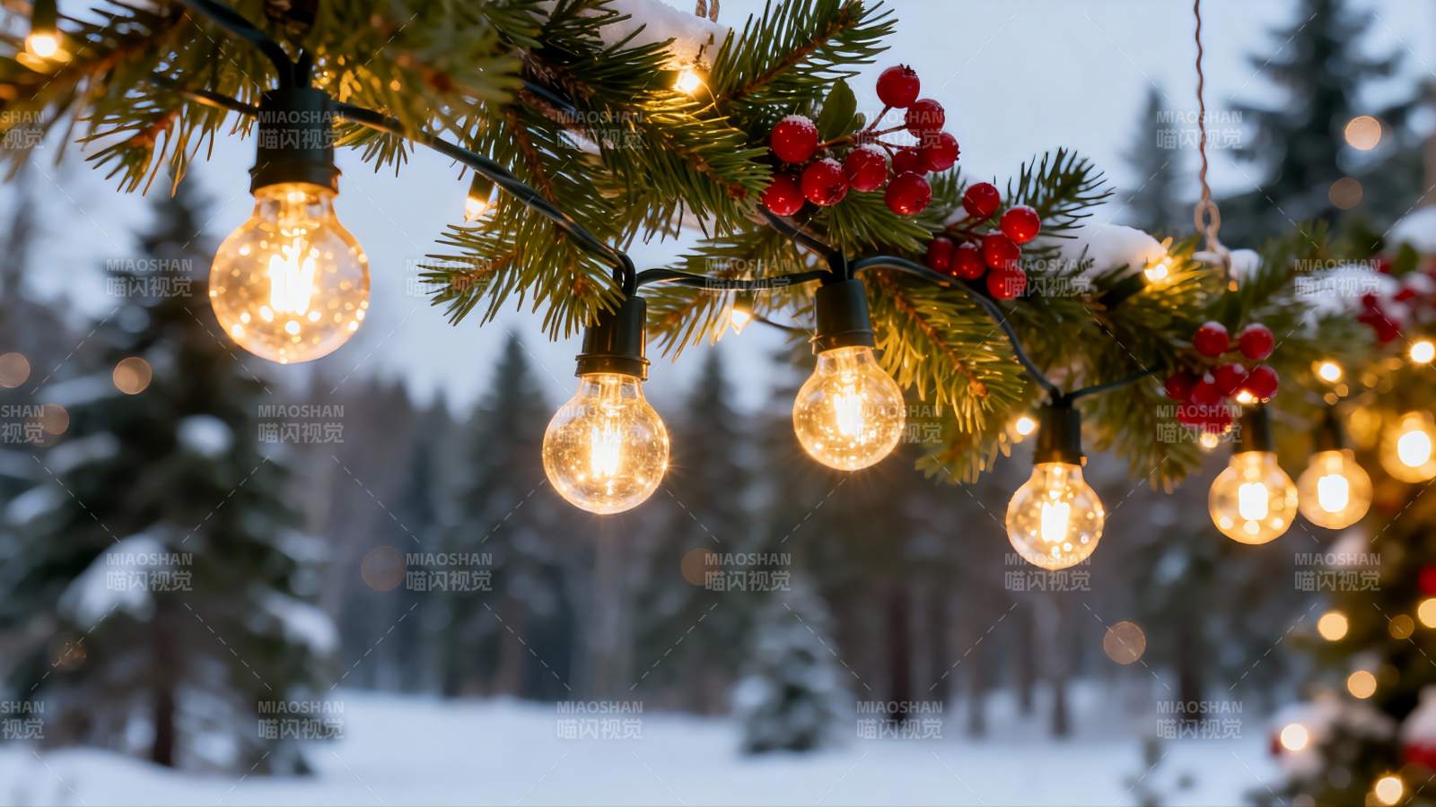 雪夜松枝挂灯饰图片