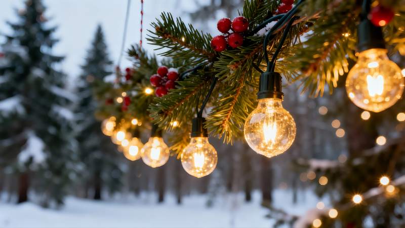 雪夜松枝挂灯泡图片