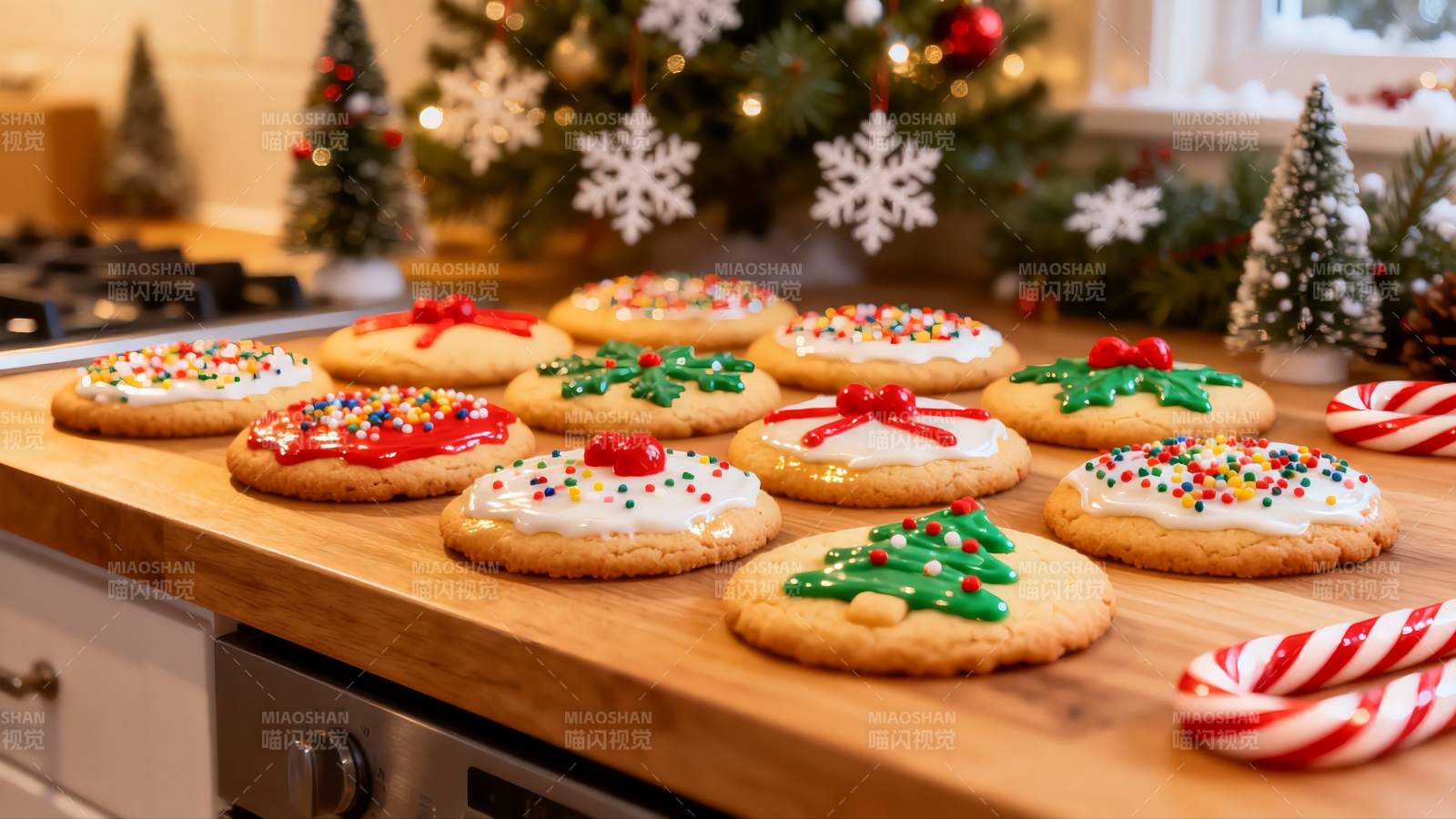 圣诞装饰饼干摆放在厨房台面上图片