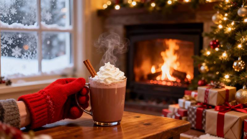冬日壁炉旁热饮与圣诞礼物图片