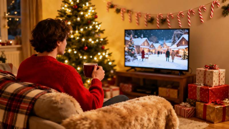 圣诞夜客厅温馨观影场景图片