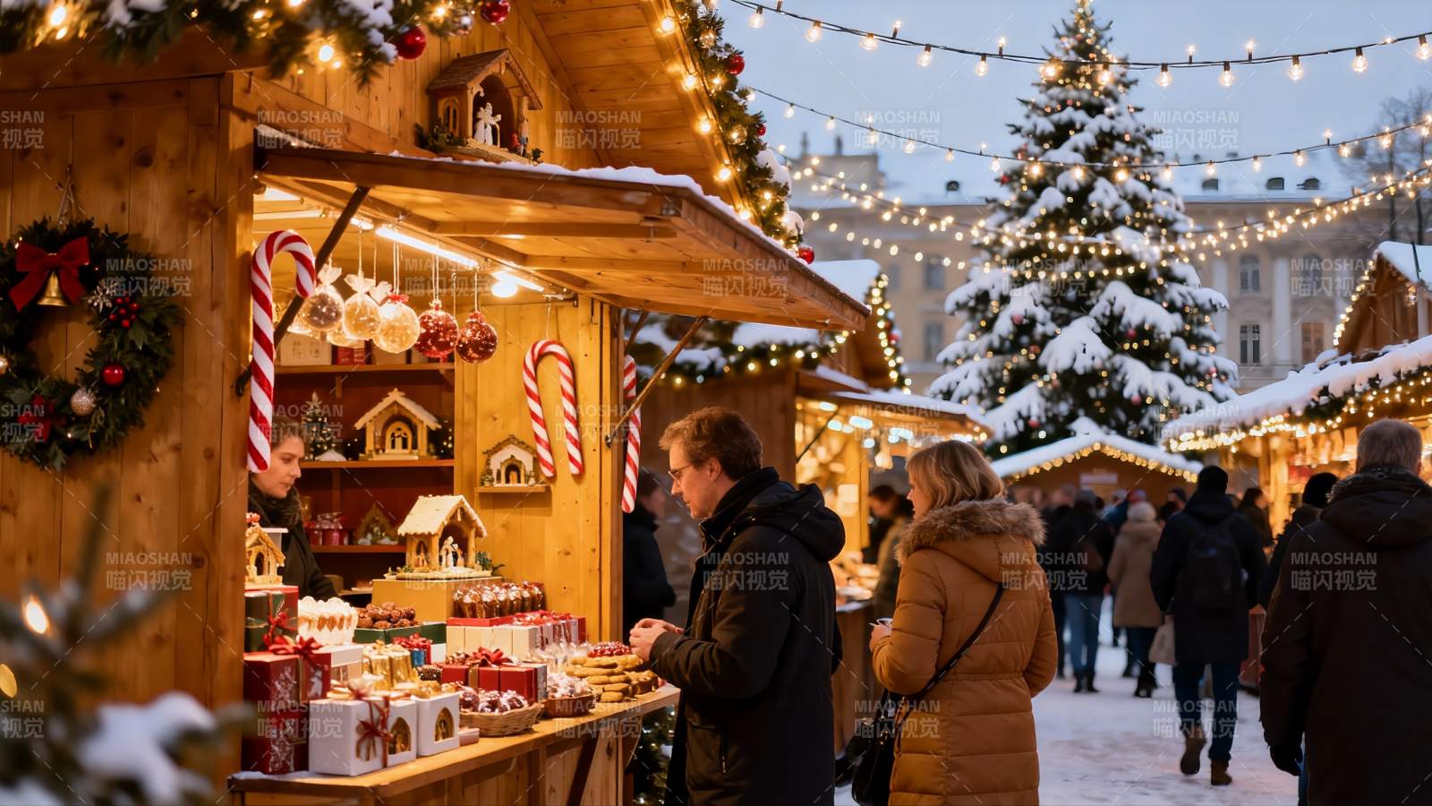 雪夜圣诞市集热闹场景图片