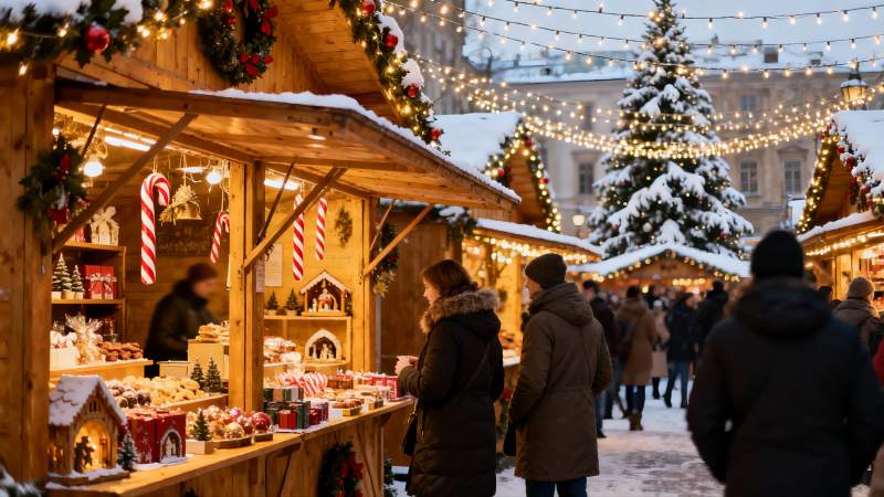 雪夜圣诞集市热闹非凡图片